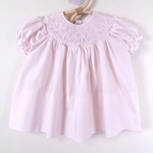 Vintage 90s Pastels Smocked Dress Kids 6M Pink Embroidered Puff Sleeve